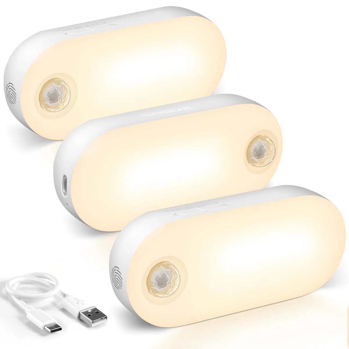 Three small white rectangular LED night lights with clear prismatic lenses and USB cables