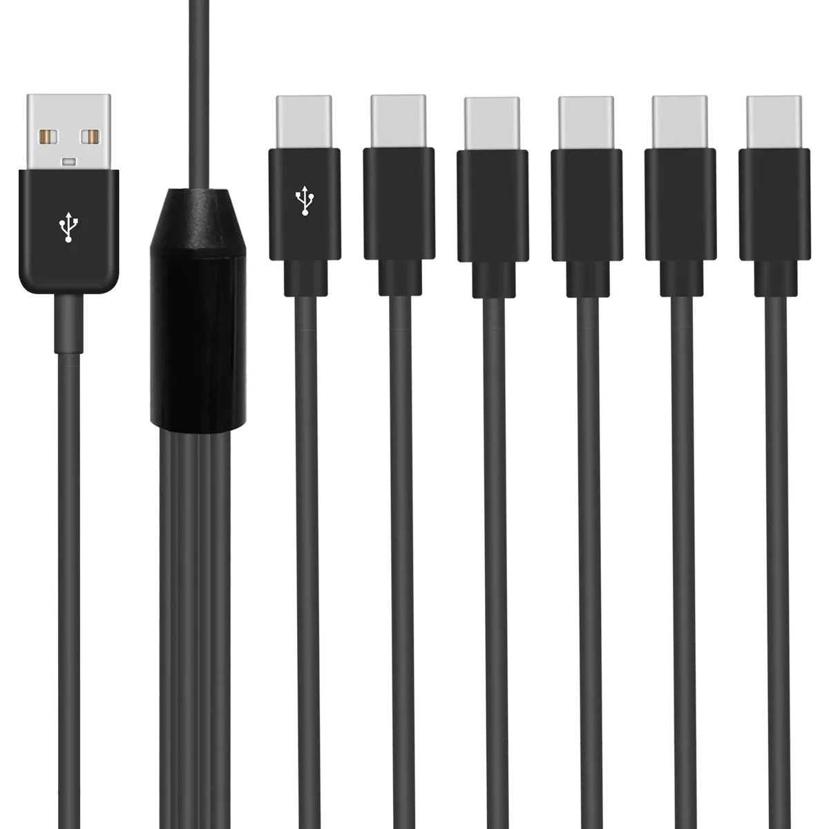 Black USB-A plug splitting into six short USB-C cables with aluminum connectors