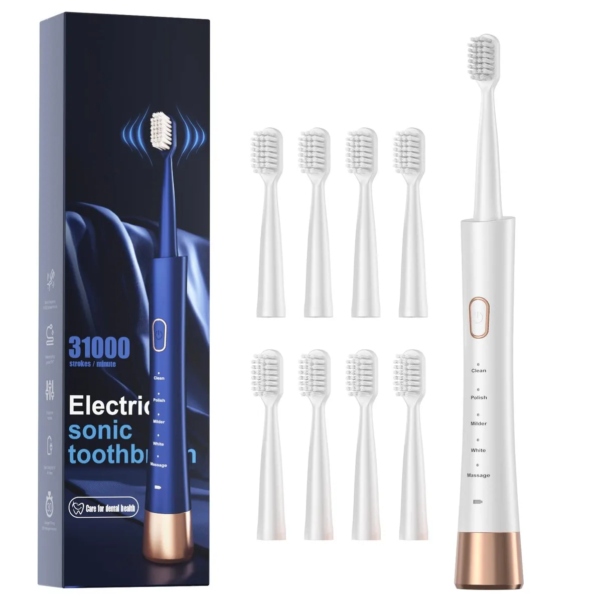 White Waterpik JP-ET sonic toothbrush with hidden USB cable and eight brush heads