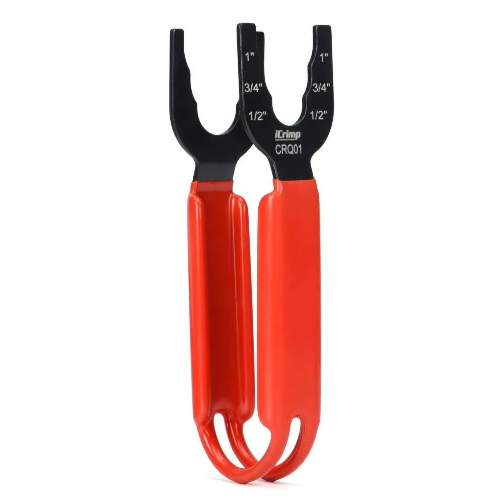 Twelve compact plastic disconnect tongs with wide grip handles, each combining three sizes for push-fit fittings