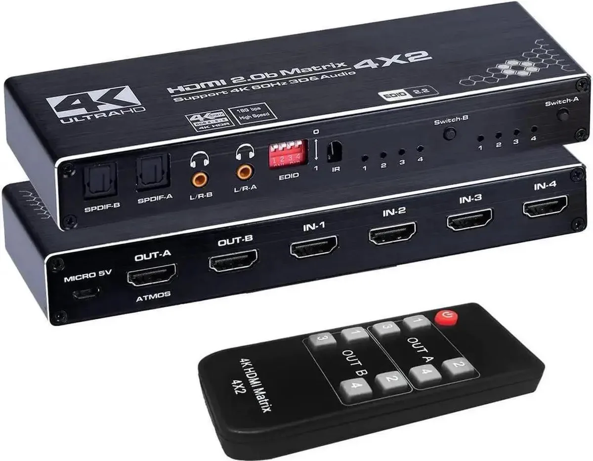 SMUGDESK SMUGDESK 4×2 HDMI 2.0 Matrix Switch 4K 60Hz HDR10 EDID Auto Downscaling IR Remote SPDIF 3.5mm Audio OZJ1 — product photo