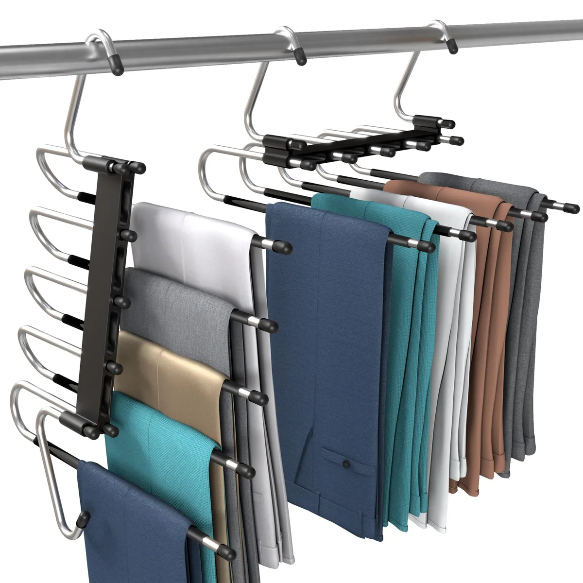 Two black foldable pants hangers with five horizontal bars each