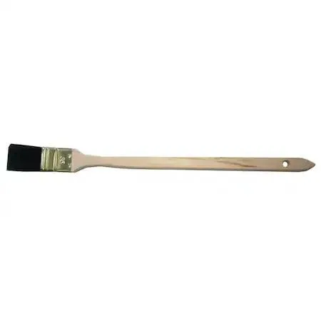 Bent radiator paint brush with soft black synthetic bristles and long wooden handle