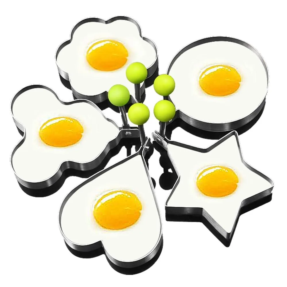 Five stainless steel egg rings with yellow silicone handles in heart, flower, star, Mickey, and round shapes