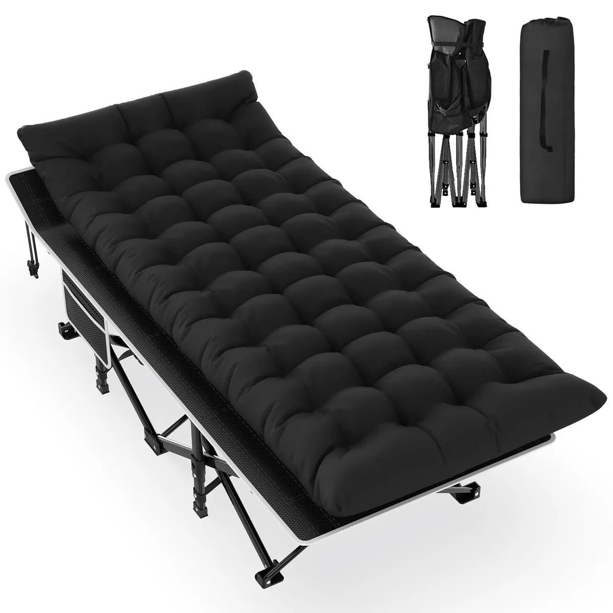 Black folding camping cot with 10 steel legs and double-layer Oxford fabric, shown with carry bag