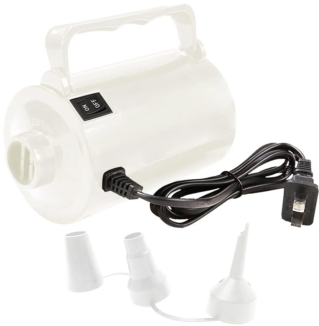 Compact grey plastic electric air pump with carry handle and three nozzle attachments