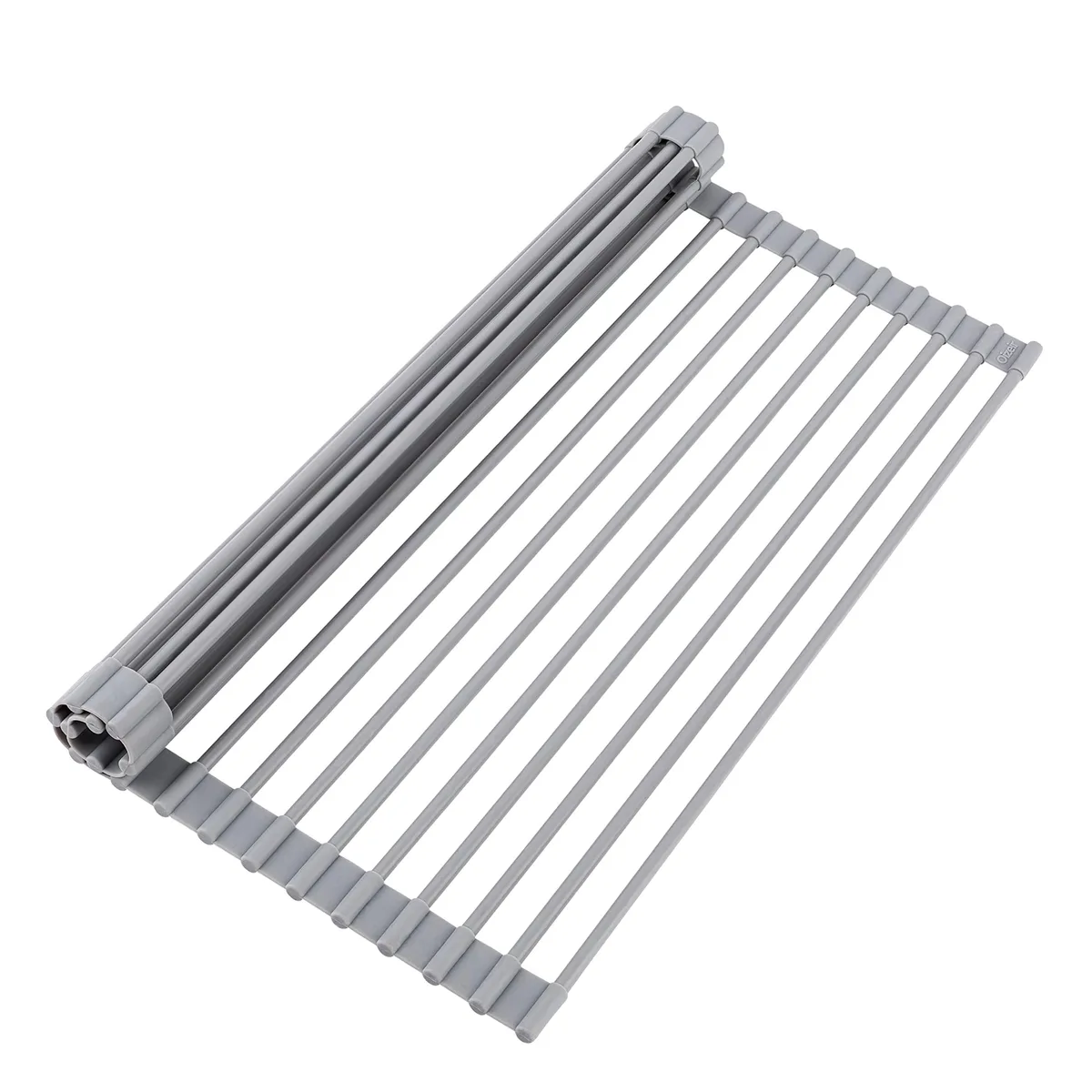 Red roll-up silicone-coated rack over stainless steel rods, 17 by 12.5 inches
