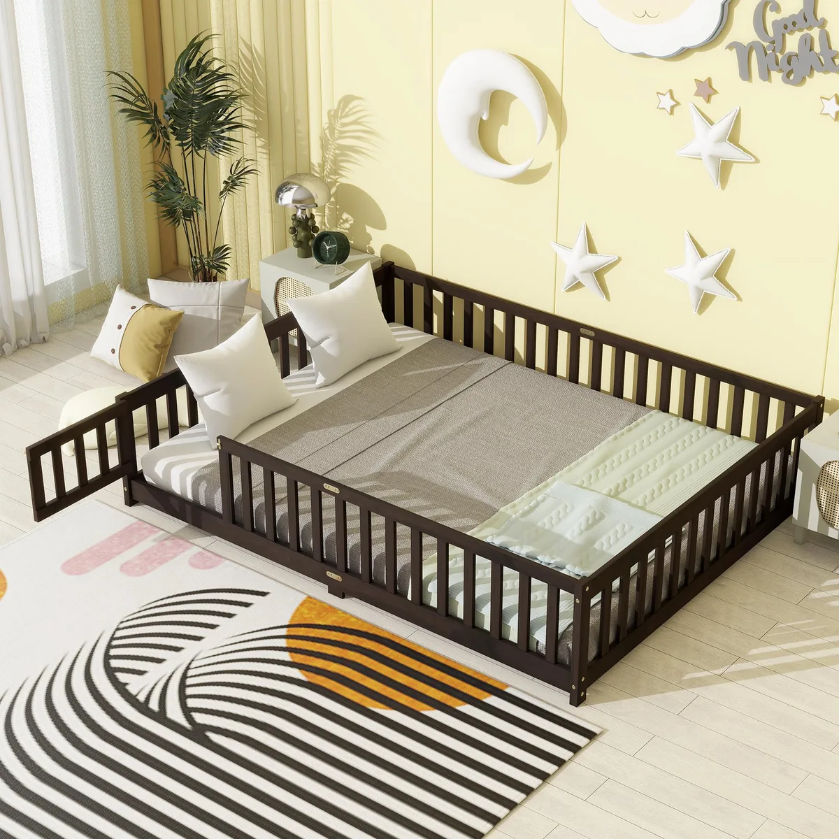 Espresso-finished rubber wood queen floor bed with full safety fence and hinged door