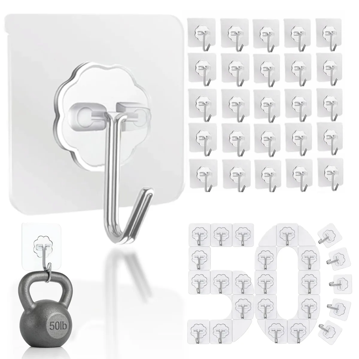 Fifty clear adhesive hooks on a backing sheet