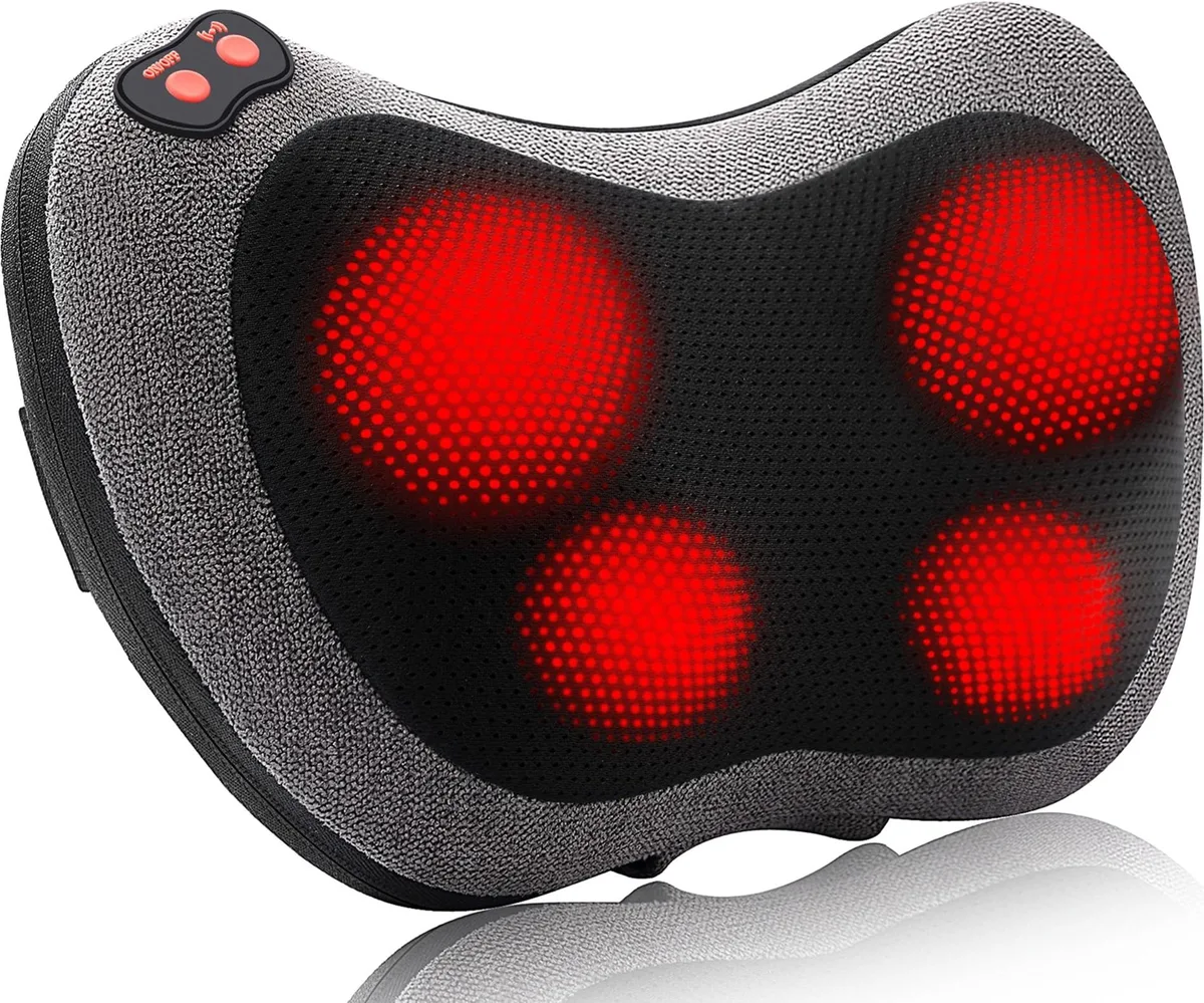 Gray rectangular shiatsu massage pillow with fabric cover and heat function