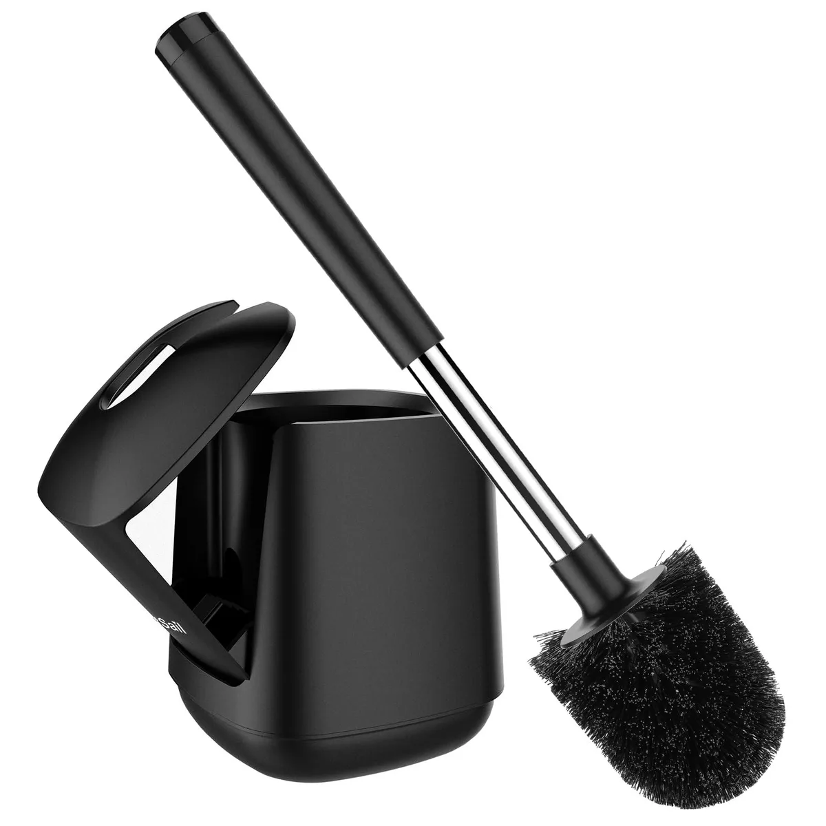 Black toilet brush set with ventilated holder and self-closing lid