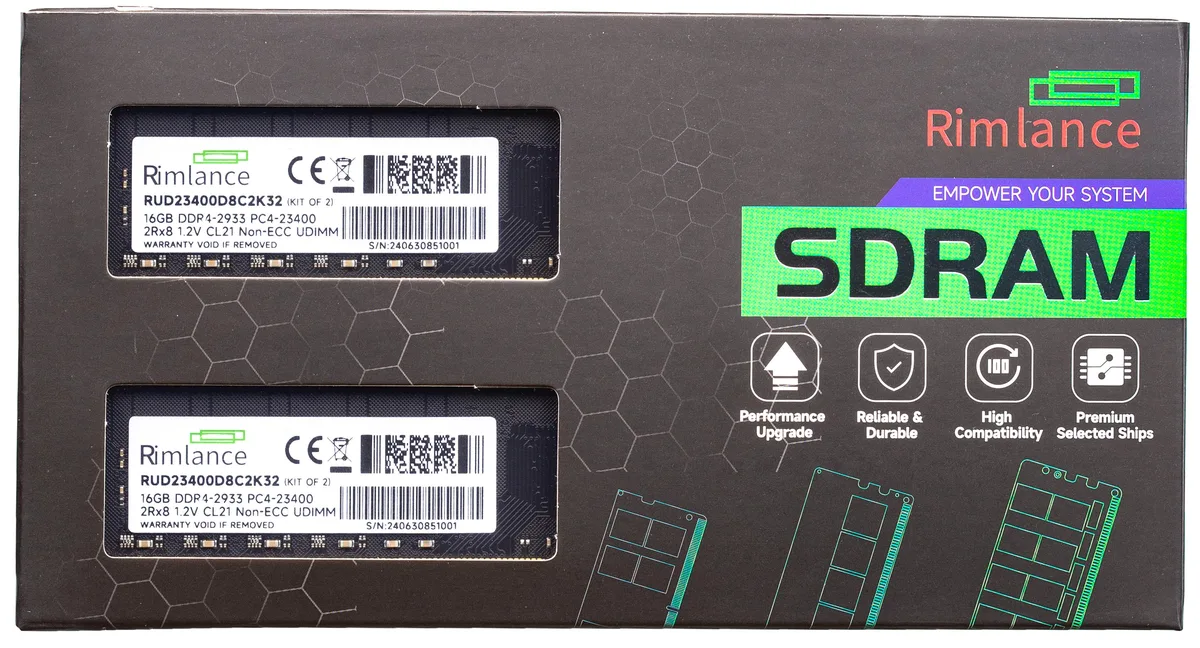 RIMLANCE RIMLANCE RUD23400D8C2K32 32GB (2x16GB) DDR4 2933MHz CL21 UDIMM 2Rx8 1.2V — product photo