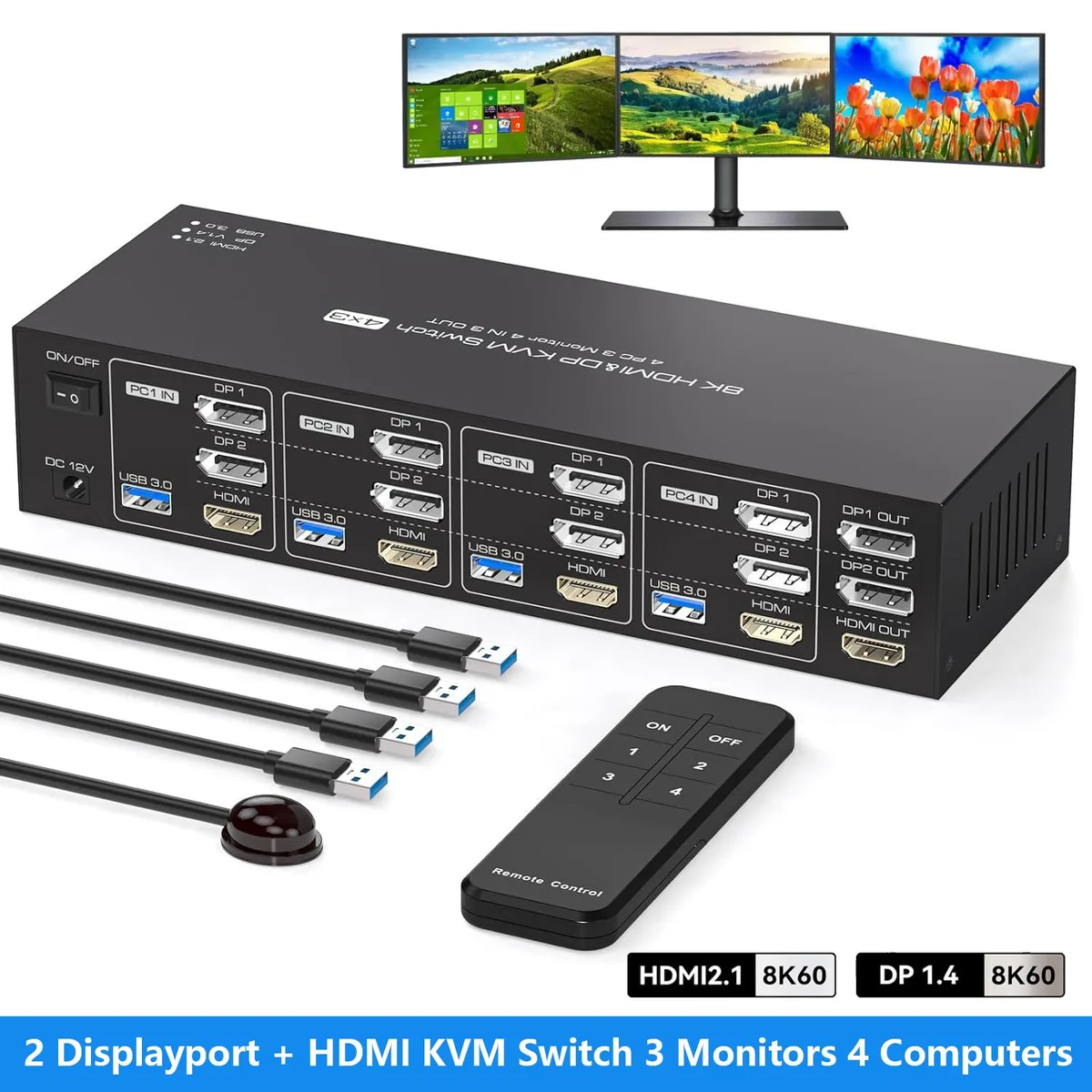 AUTYUE AUTYUE 8K60 4K144 KVM Switch 3 Monitors 4 Computers 2DP+HDMI 4 USB 3.0 Wired Remote — product photo