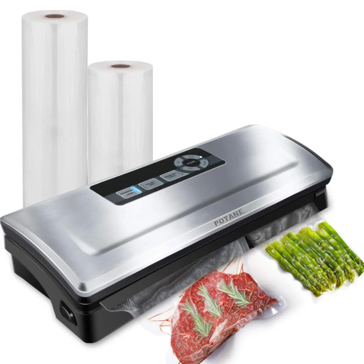 Silver compact vacuum sealer with sloping top and starter kit bags