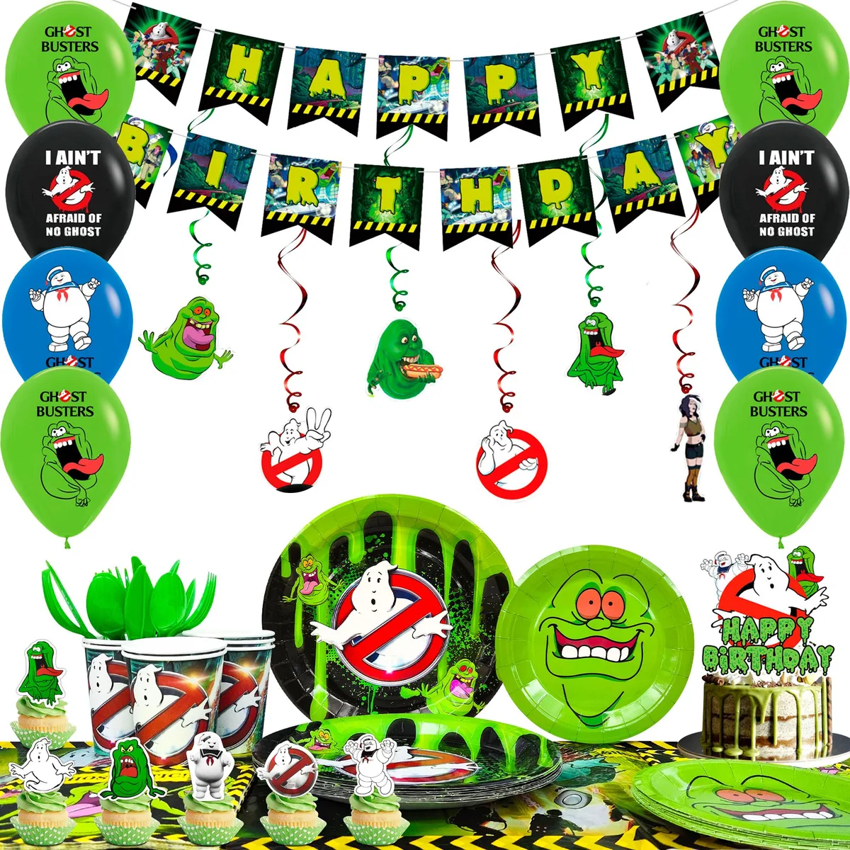 Green Ghostbusters party kit with plates, cups, balloons, banner and tablecloth