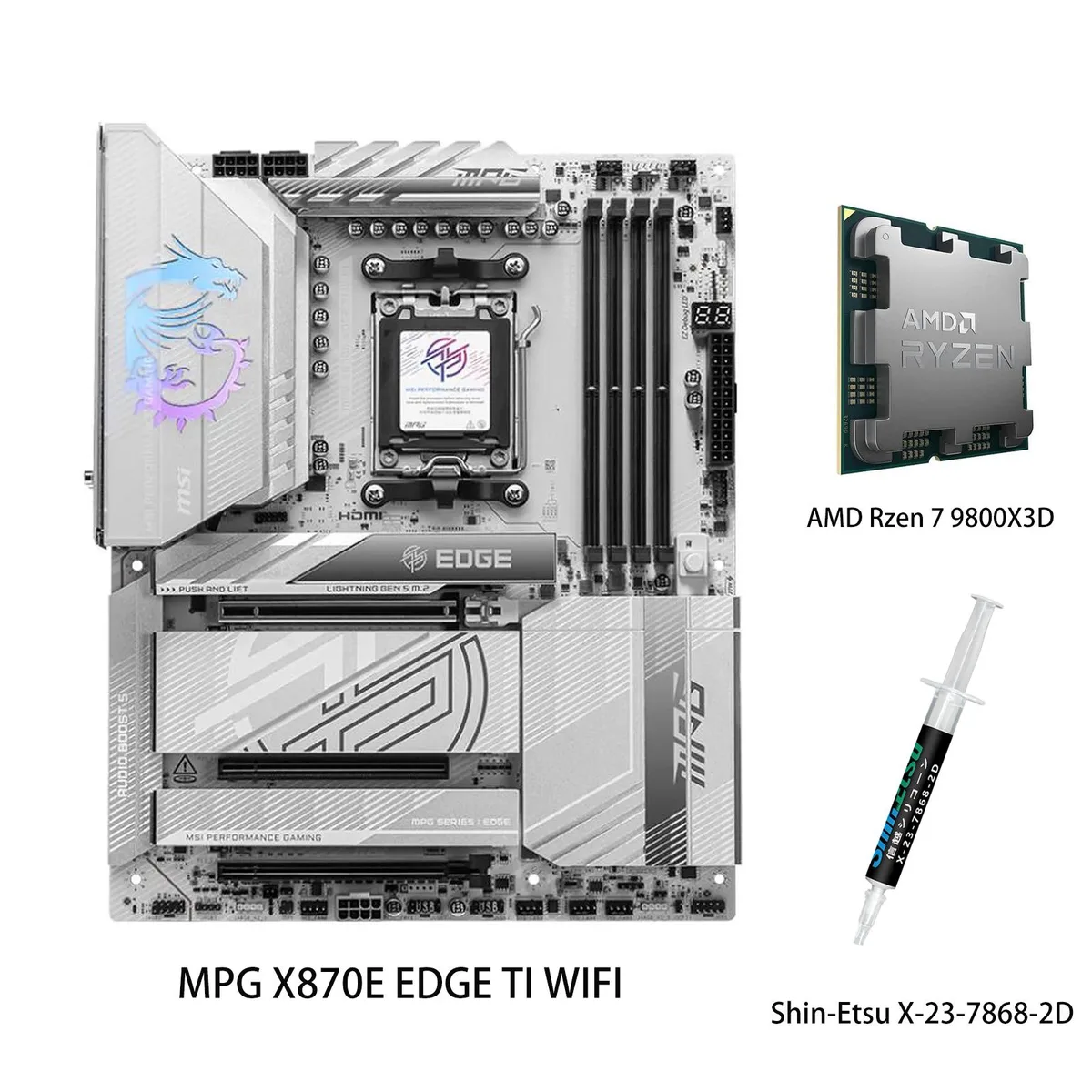 MSI MSI MPG X870E EDGE TI WIFI + Ryzen 7 9800X3D AMD motherboard &amp; CPU combo — product photo