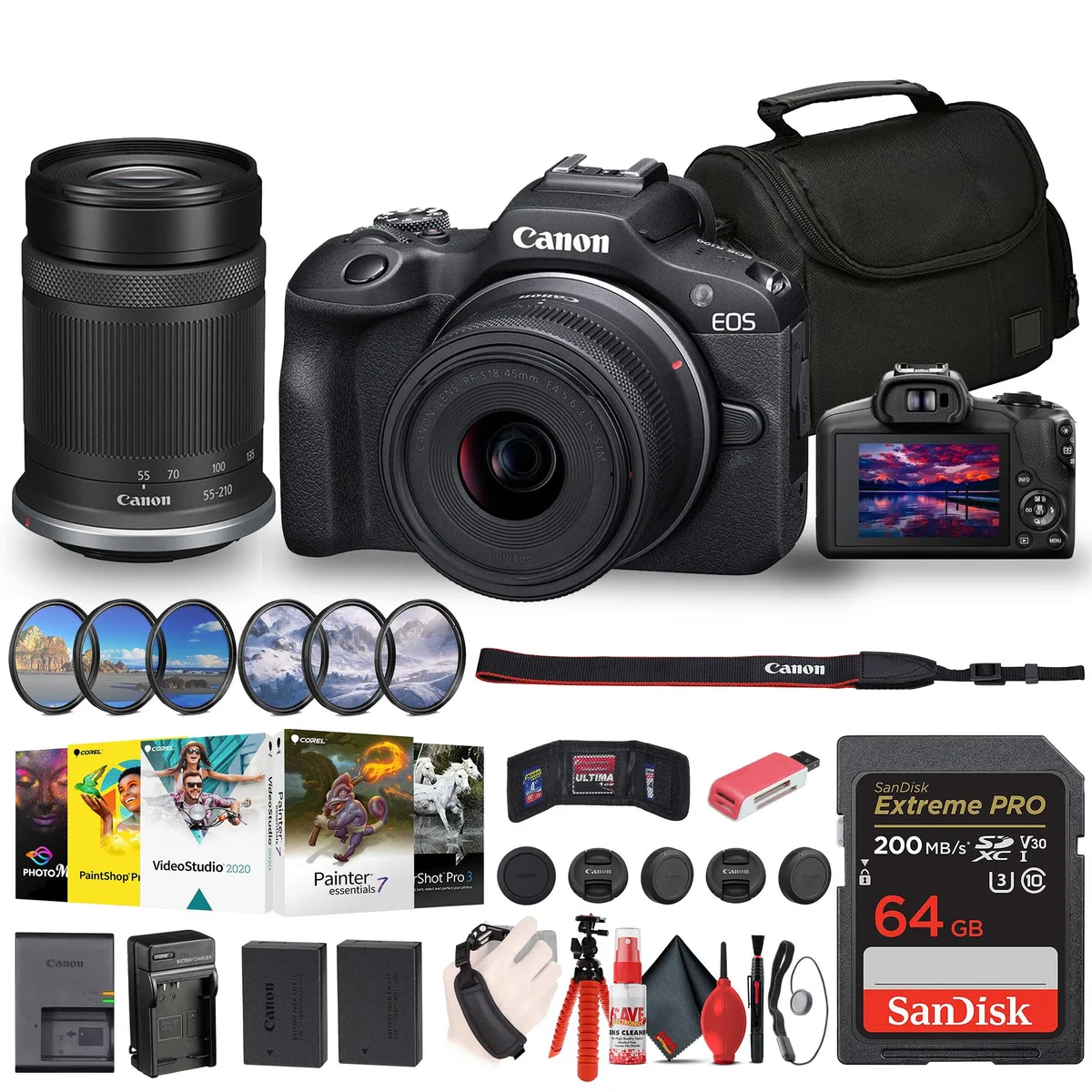 Canon Canon EOS R100 18-45mm 55-210mm Kit with Filters &amp; Accessories — product photo