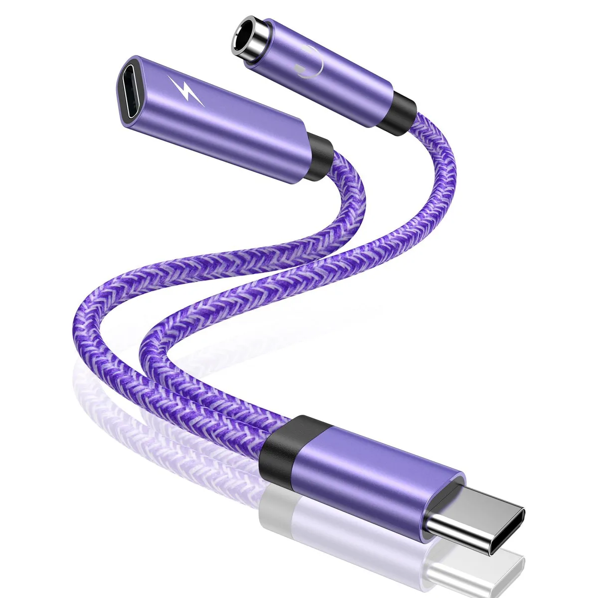 Purple USB-C dongle with 3.5 mm jack and USB-C charging port