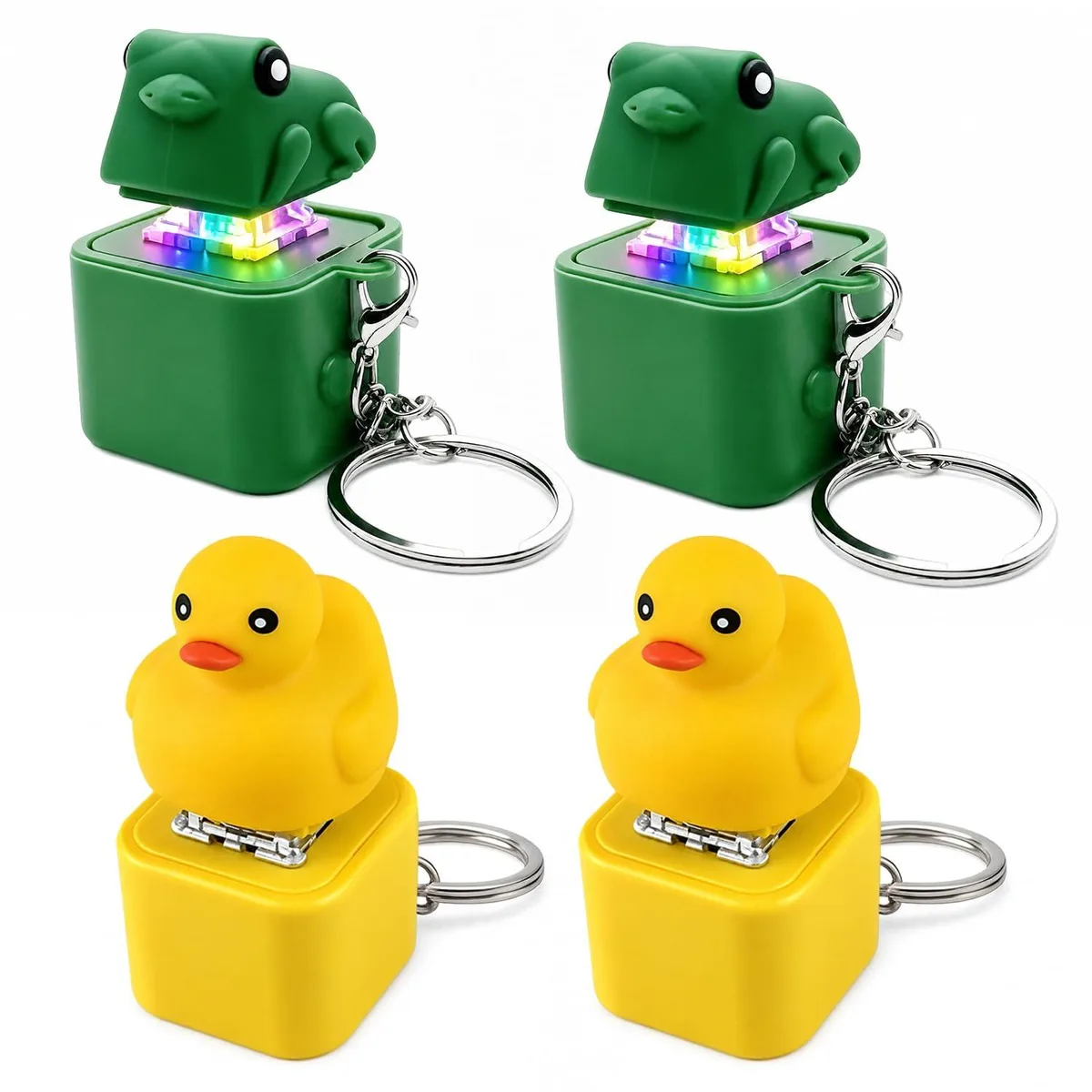Four small keychains: two yellow ducks, two green frogs, smooth ABS plastic with metal rings