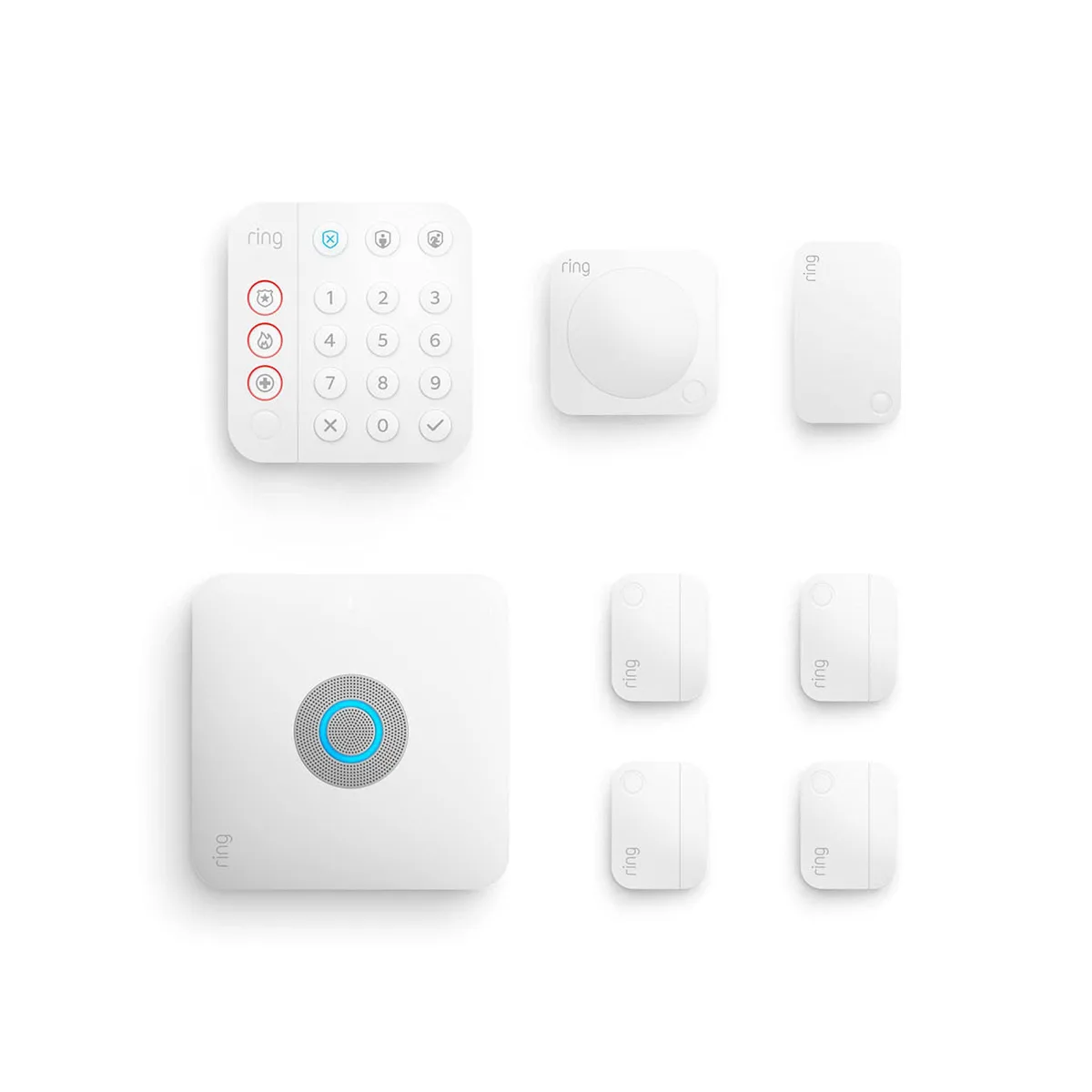 White Ring Alarm Pro kit: base station, keypad, four contact sensors, motion detector, range extender