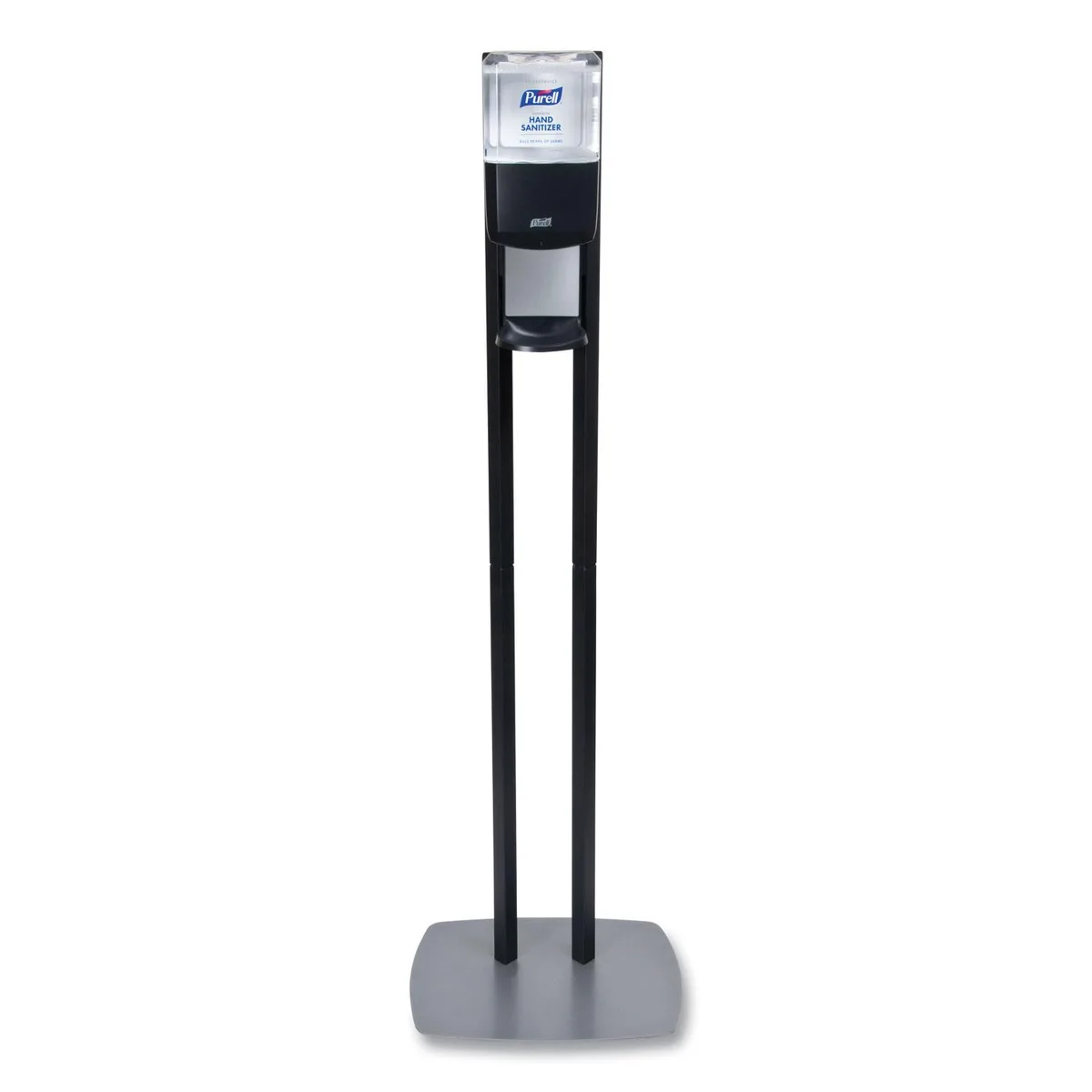 Freestanding graphite and silver floor stand with automatic dispenser