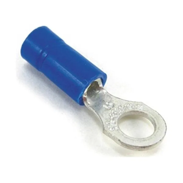 Blue vinyl-insulated ring terminal, #4 stud, 14 AWG, tin-plated copper barrel