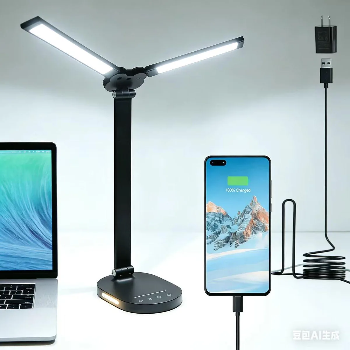 Matte black rectangular LED desk lamp with double swing arms and USB charging port