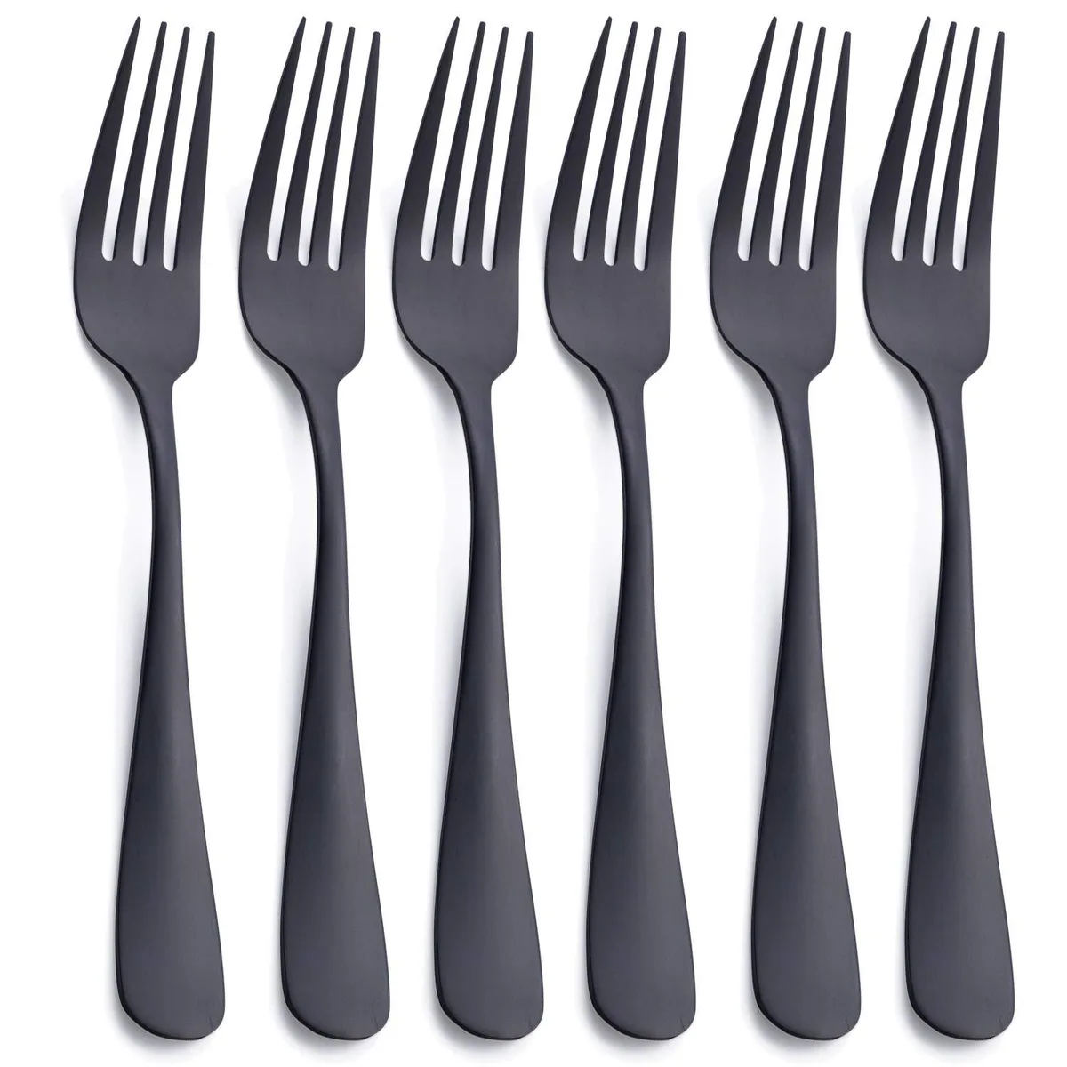 Six matte black stainless steel dinner forks, 8.0 inch, satin finish