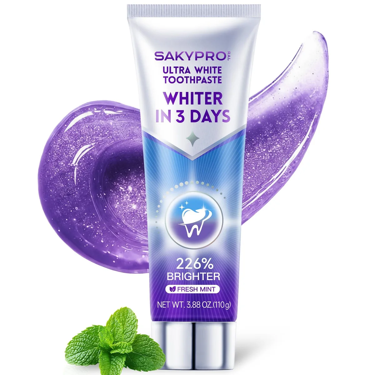 Purple toothpaste tube with white cap, 3.88 oz