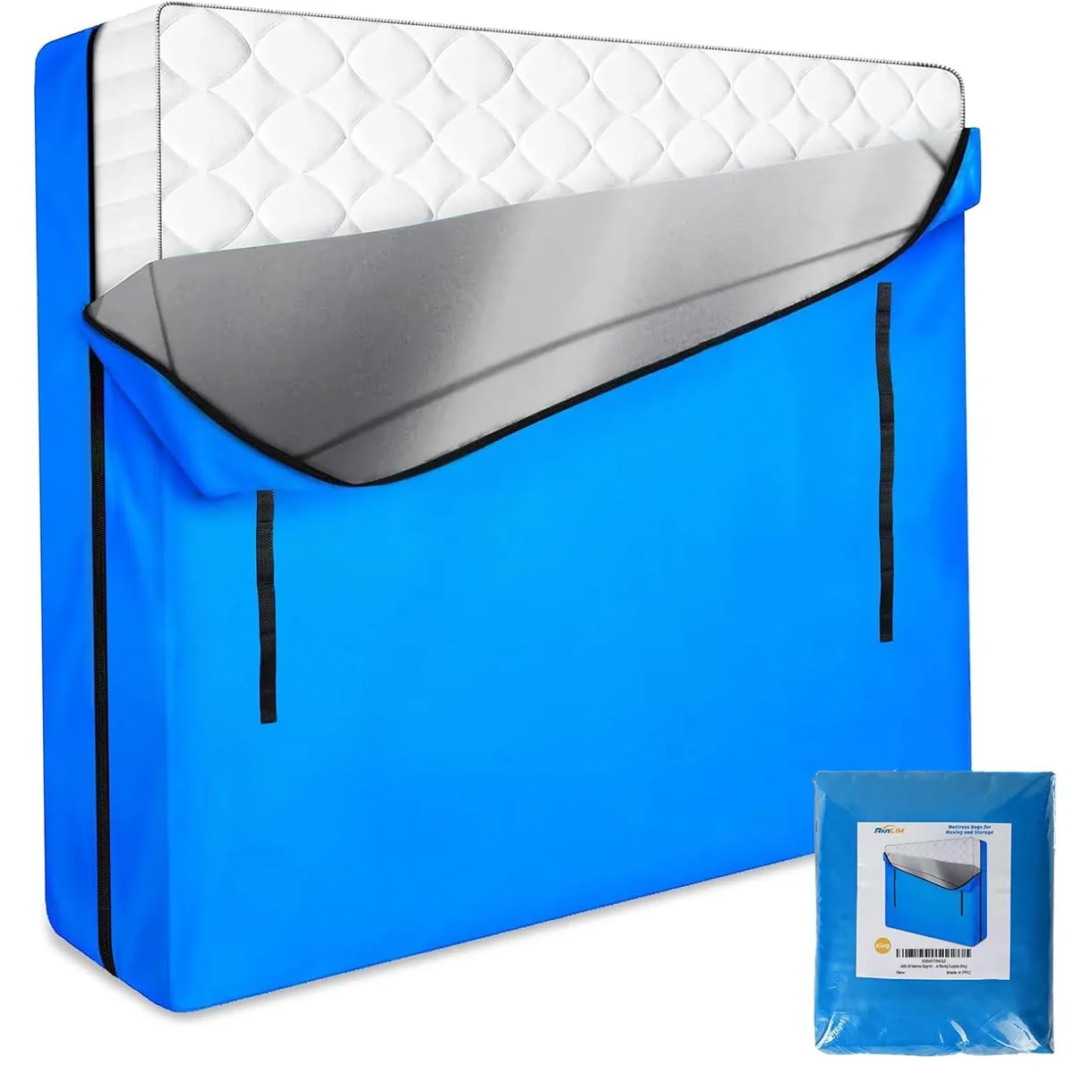 White zippered mattress storage bag with eight black carrying handles, rectangular shape, PE material