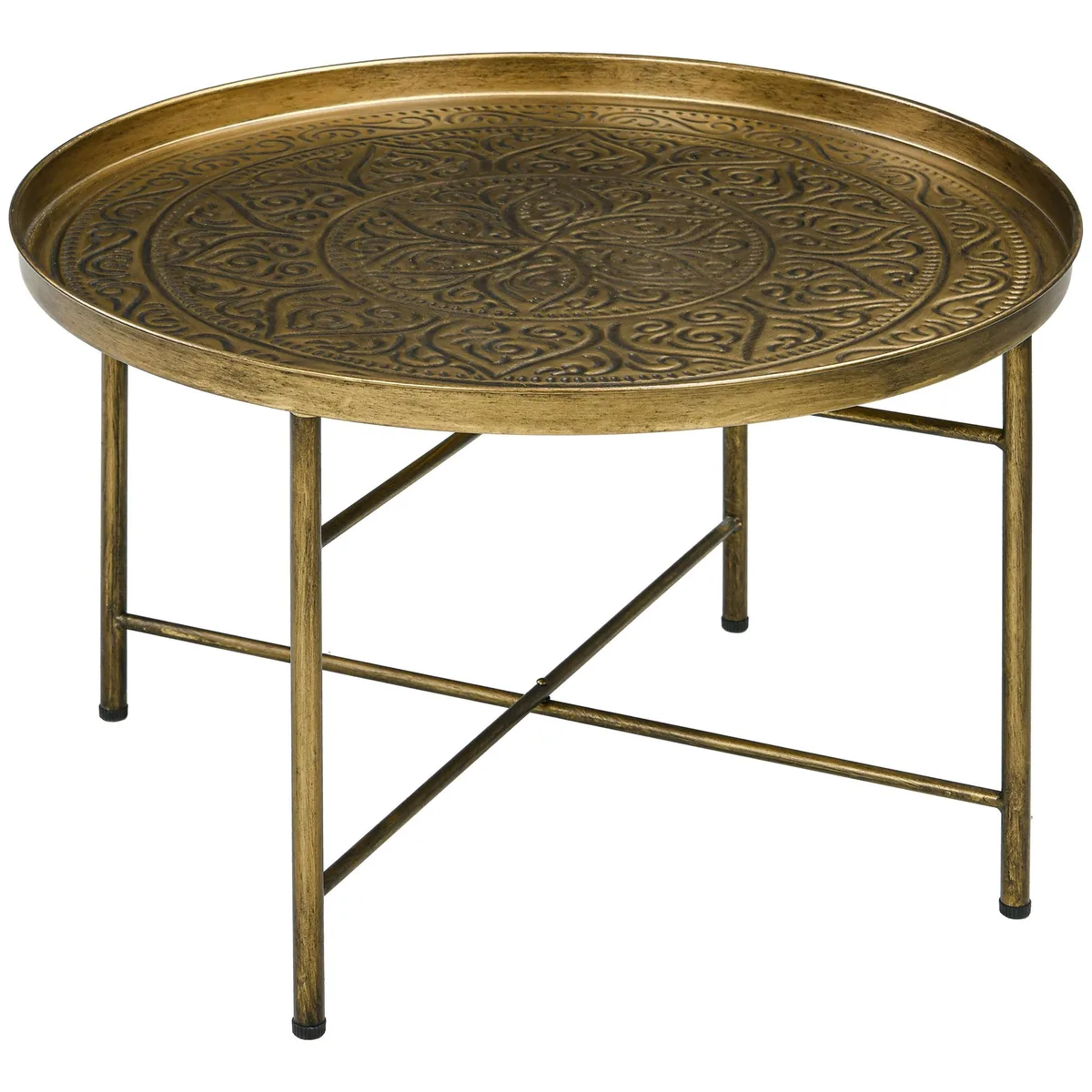 Gold round coffee table with hammered tray top and metal frame