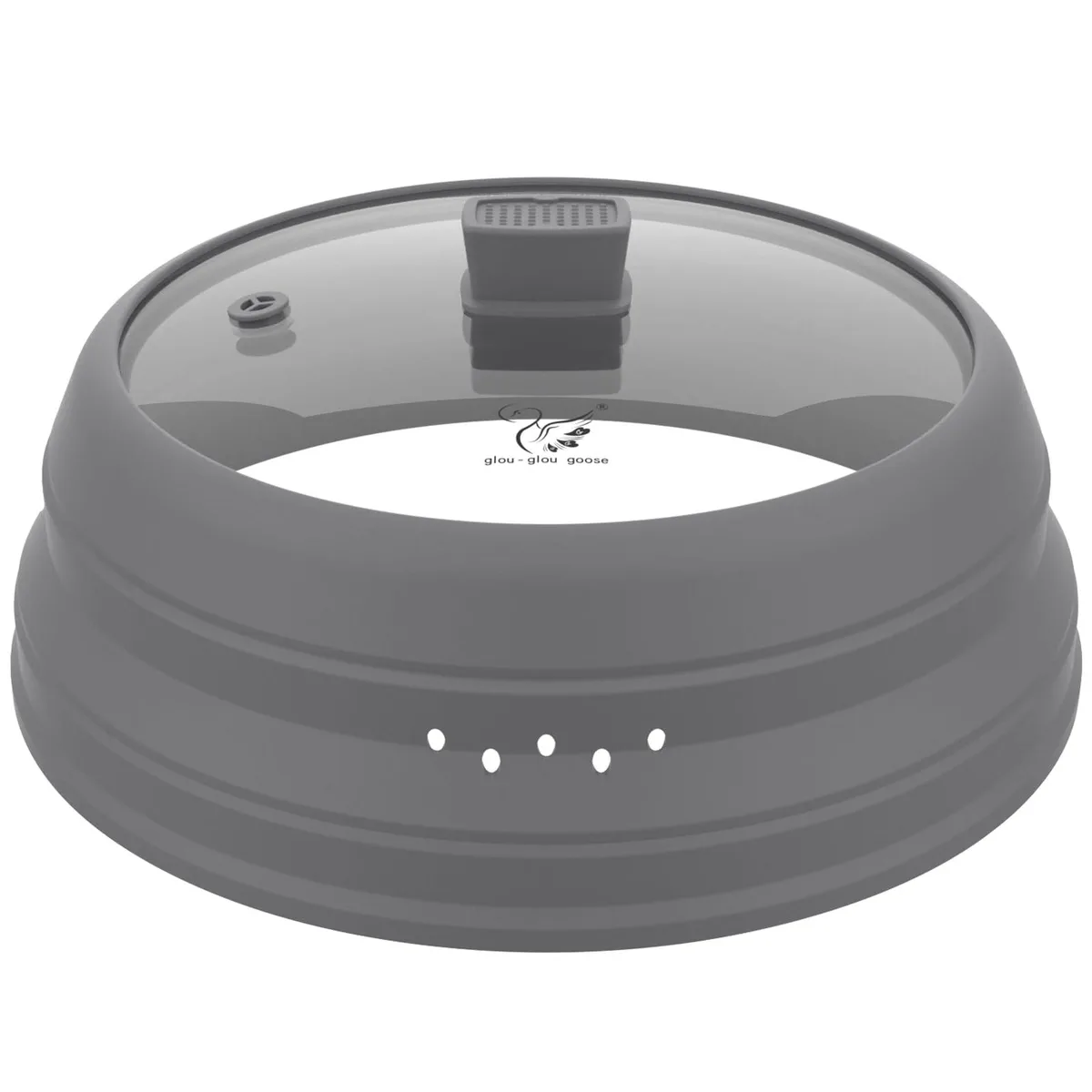 Light grey tempered glass splatter cover, 10.8 inch, collapsible silicone handle and rim, vent holes on top
