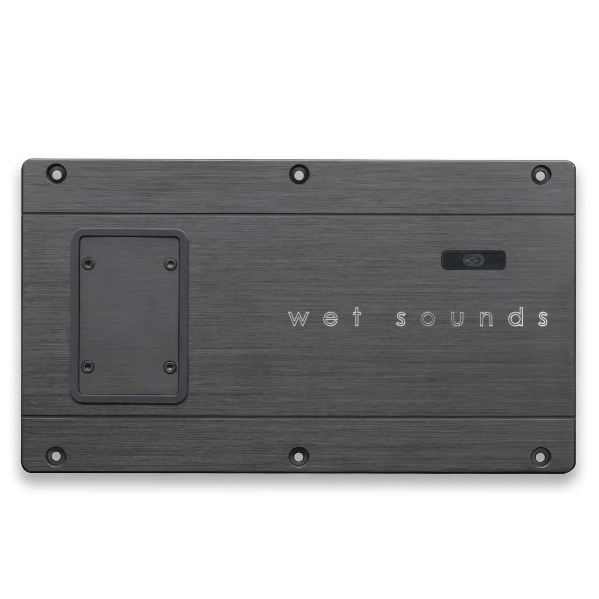 Wet Sounds AR-AMP 2CH amplifier, compact metal chassis, black finish, plug-and-play harness visible