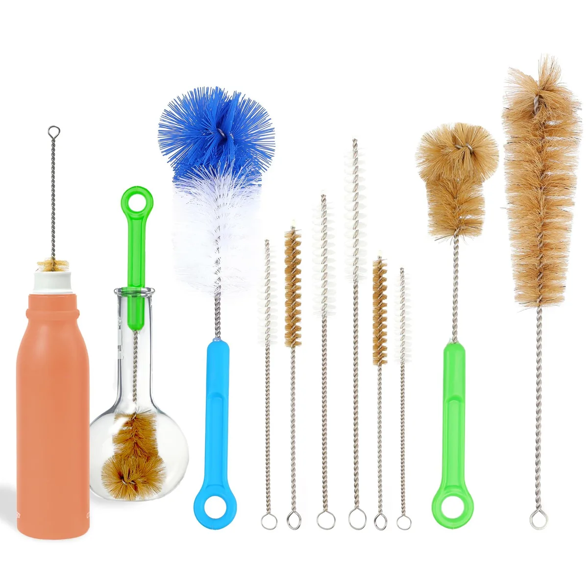 Nine-piece bottle brush set with nylon and boar bristles, flexible wire handles