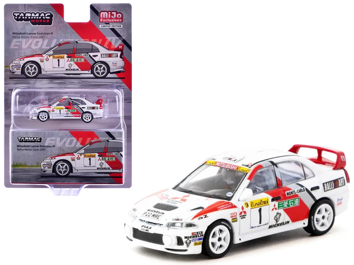 Tarmac Works Tarmac Works Mitsubishi Lancer Evolution IV #1 Monte Carlo Rally 1997 1/64 Diecast hobby collectible — product photo