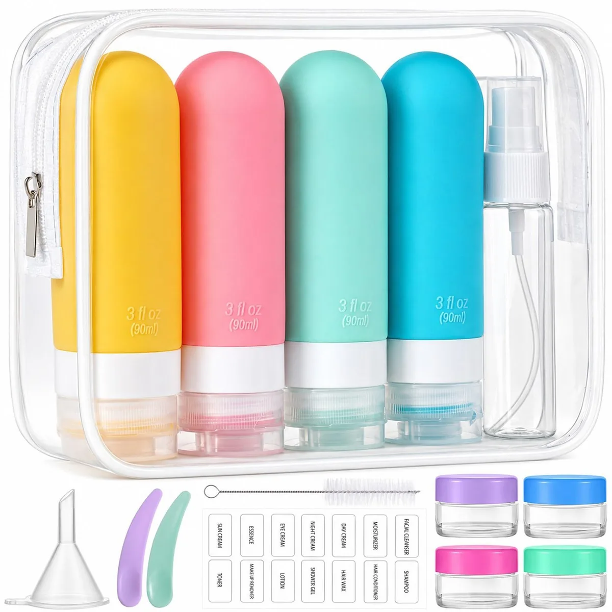 Sixteen colourful silicone bottles, jars and sprays in a clear zip bag