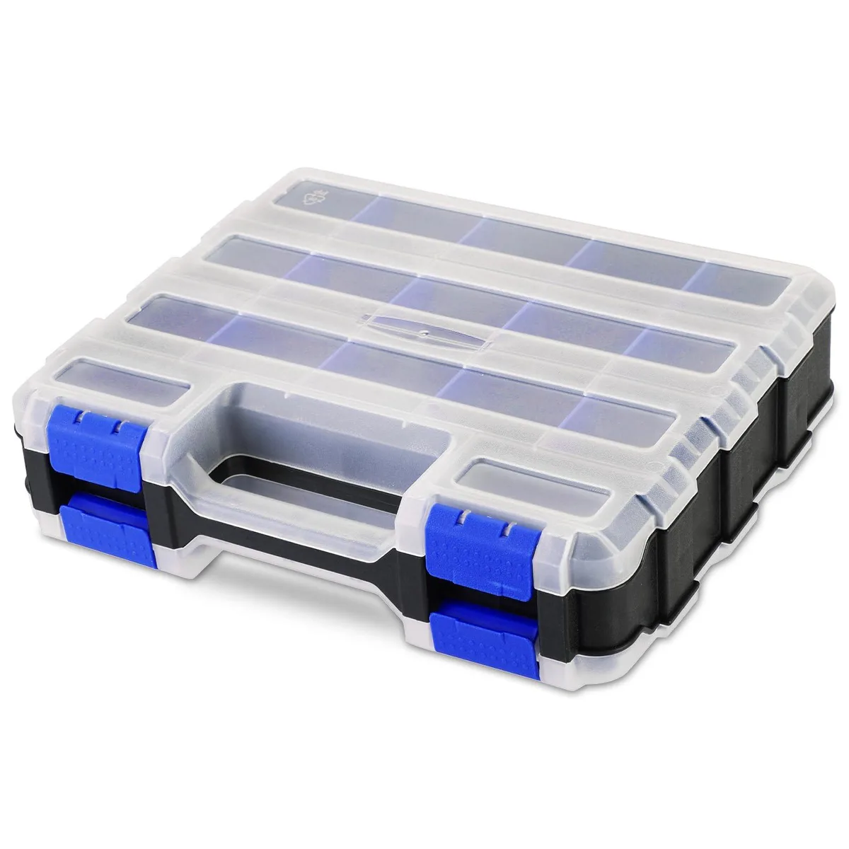Blue double-sided plastic organiser case with clear lids, black body, blue latches and carrying handle