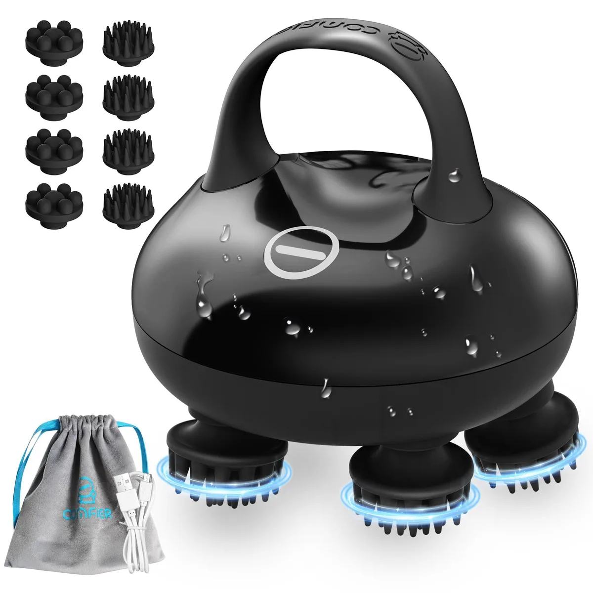 Black cordless scalp massager with eight silicone claws and ergonomic handle