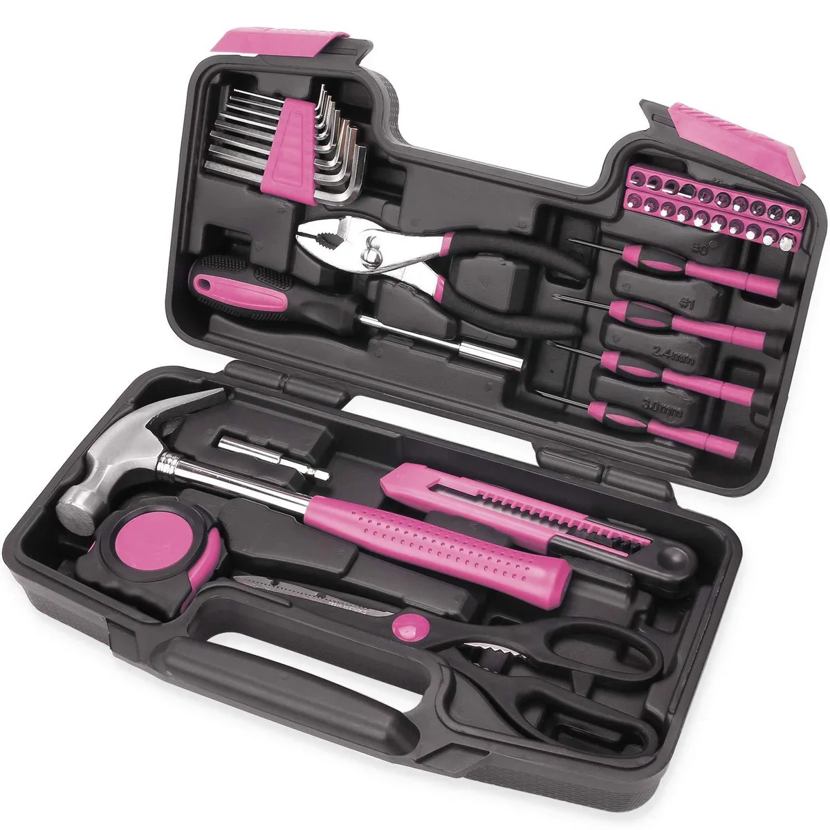 Pink 40-piece tool kit in a compact case with hammer, pliers, screwdriver bits and hex keys