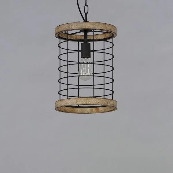 Black metal cage pendant with distressed wood accents, 10 inch width