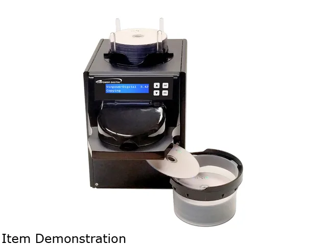 Black rectangular desktop duplicator with top-loading disc tray and blue LCD display