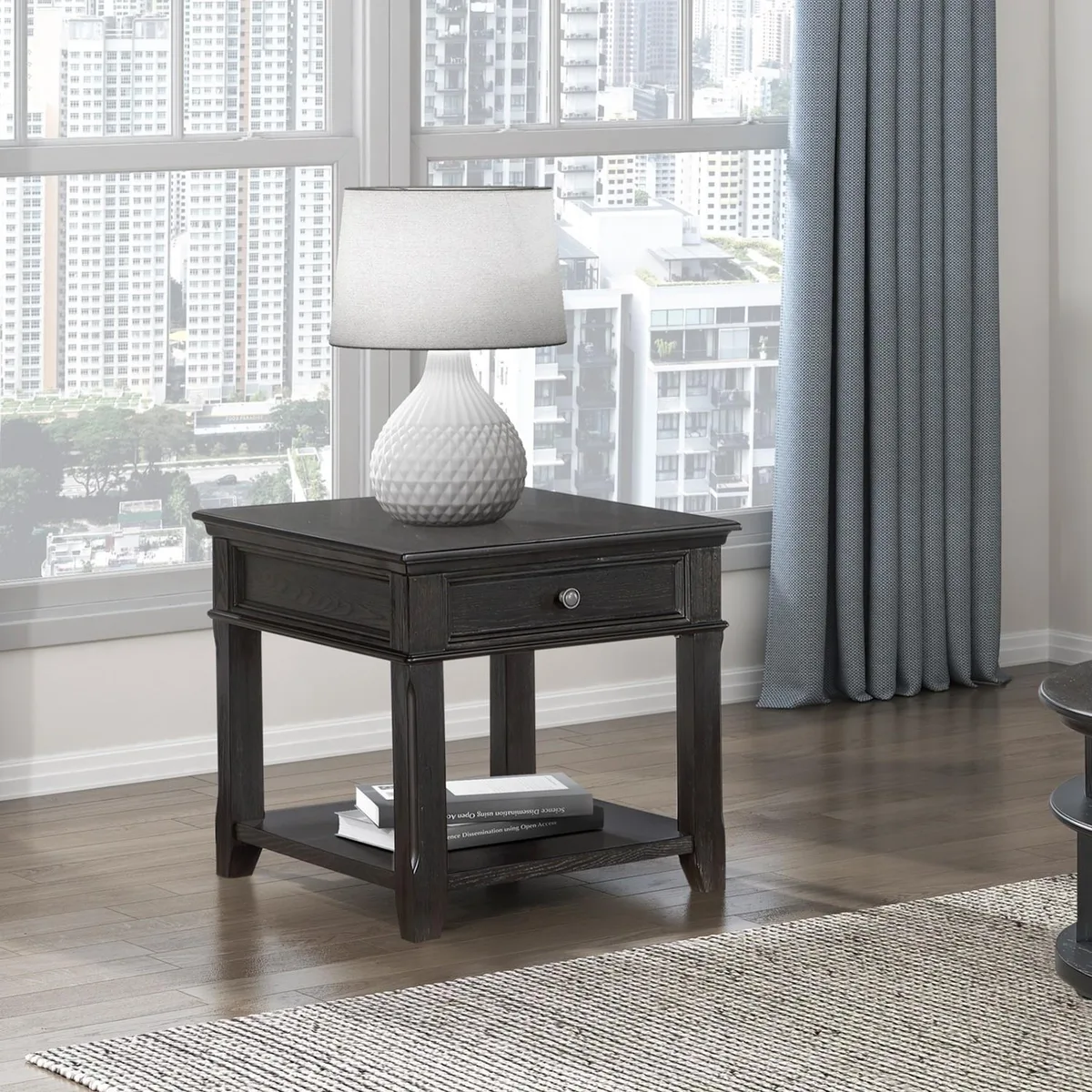 Charcoal wood end table with drawer, shelf and charging ports