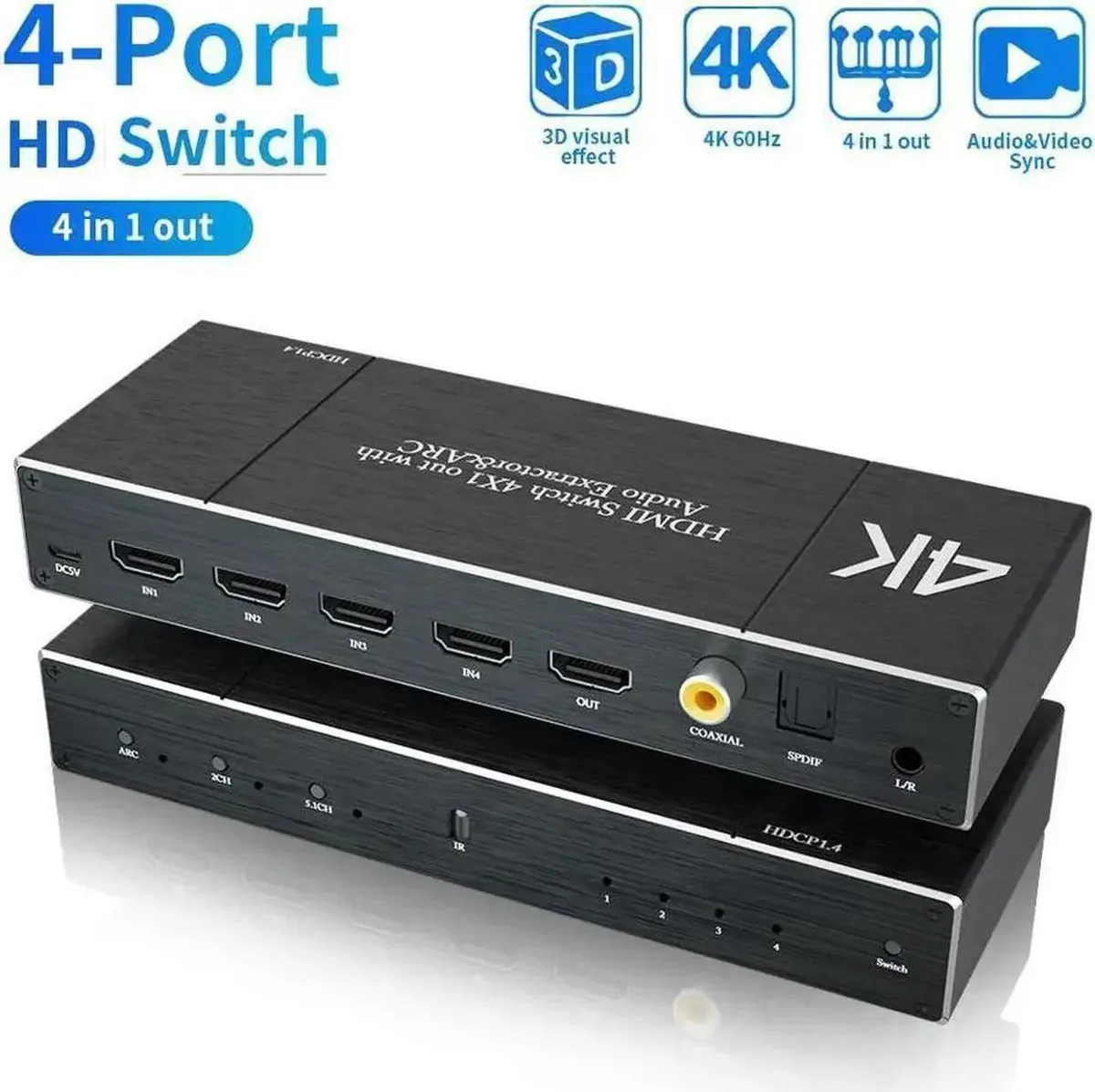 SMUGDESK SMUGDESK OZQ7 4-Port HDMI 2.0 4K@60Hz Switch Audio Extractor ARC 18Gbps HDCP 2.2 IR Remote — product photo