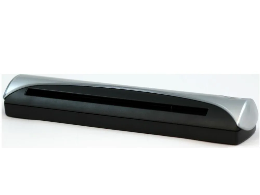 Compact white card scanner with USB cable, slim rectangular shape, matte finish
