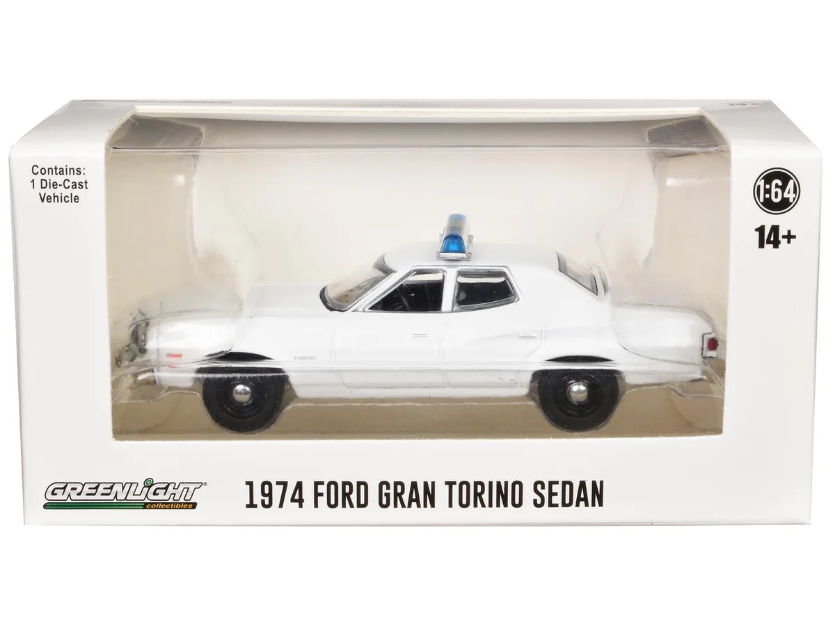 GREENLIGHT GREENLIGHT 1974-1976 Ford Gran Torino Sedan Police Car White with Light Bar 1/64 Diecast Hobby Collectible — product photo