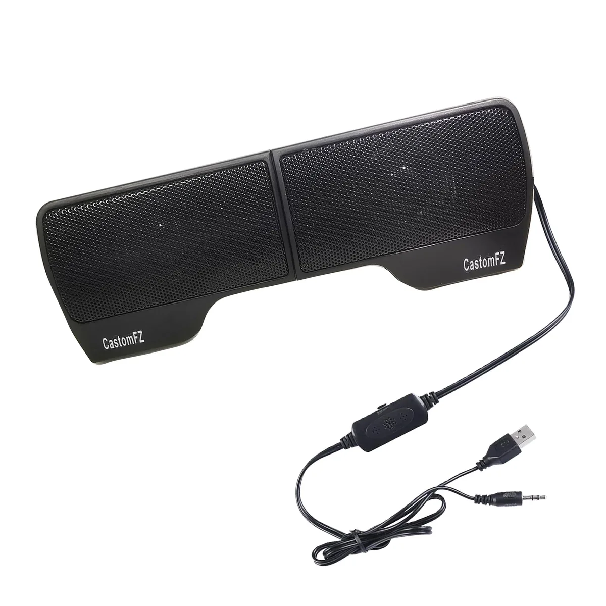 Compact black dual speaker bar with clip mount and wired volume control