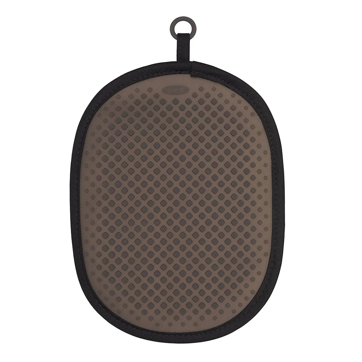 Black silicone pot holder with textured grip pattern and rear pocket, fabric liner visible at edges