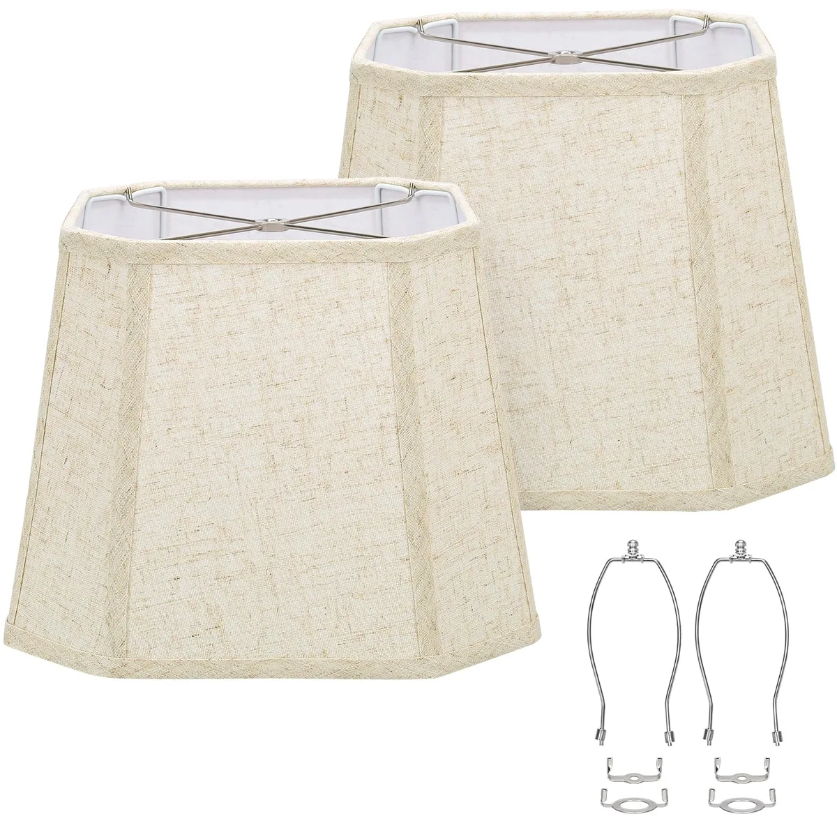 Two beige linen rectangle cut-corner shades with metal frames and included harps