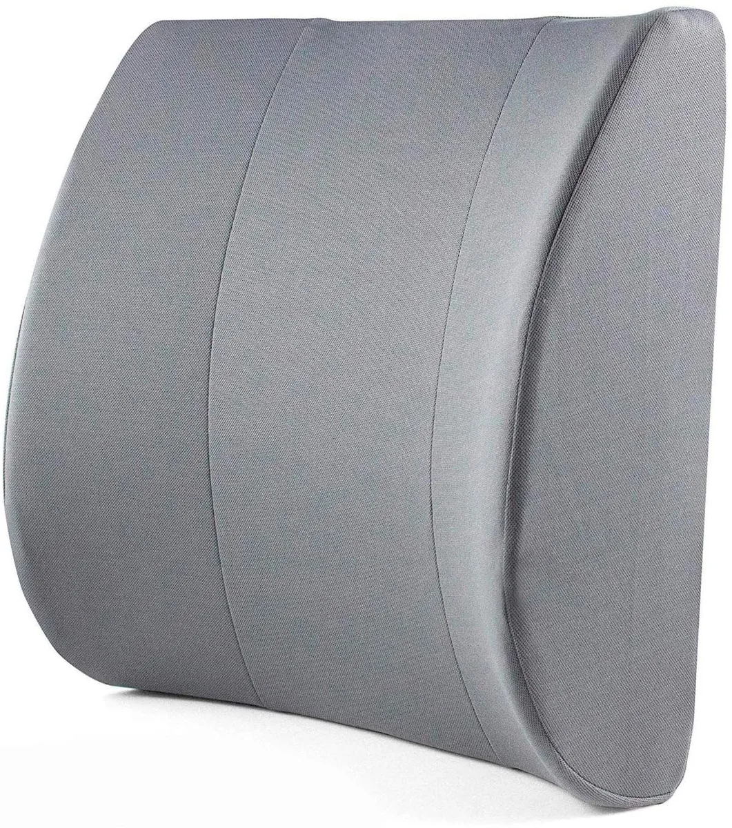 Gray contoured lumbar support cushion with removable washable cover and elastic straps