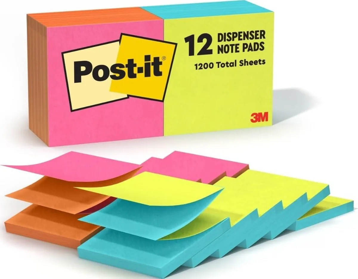 Box of twelve 3x3 inch square sticky note pads in bright alternating colours